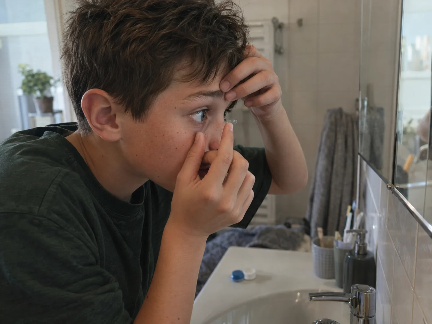 Kind zet zelf een contactlens in voor de spiegel